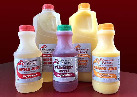 Stewart's Shops juice refreshers. Orange juice, cranberry apple juice, apple juice